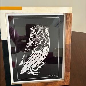 Black & White Owl Print in Two-Tone Wood Frame
